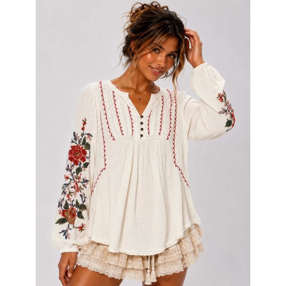 Sundance Ivory Waffle Knit Floral Embroidered Boho Tunic Top M NWOT New